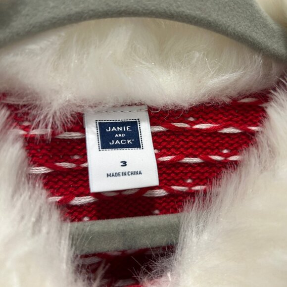 Janie and Jack Christmas Sweater Red White Gold Buttons Faux Fur Collar Size 3T - Picture 3 of 6